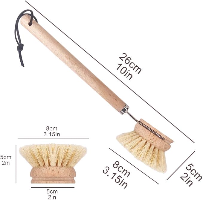 AMERWASH PLUS Dish Brush with Wooden Handle, Natural Kitchen Brush for Dishes Vegetable, Pots and Pans, Tampico Fiber Bristles Scrubber, Extra 3 Pack Replacement Head Included
