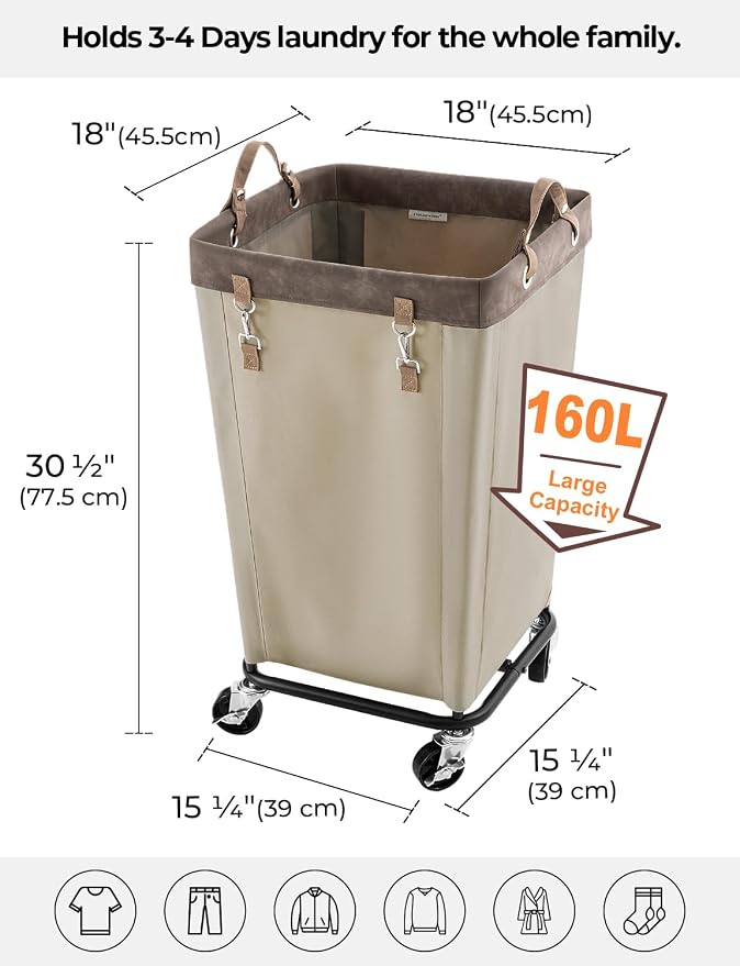 StorageWorks 160L Laundry Basket with Wheels, Rolling Hampers for Clothing | Light Kahki Laundry Basket with Wheels, Metal Frame & Handles, Rolling Hamper for Bedroom, Bathroom, Dorm, Hotel