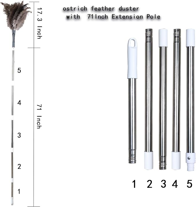 Midoneat Gray Ostrich Feather Duster with 71 Inch Extendable Pole, Microfiber Duster for Home Cleaning