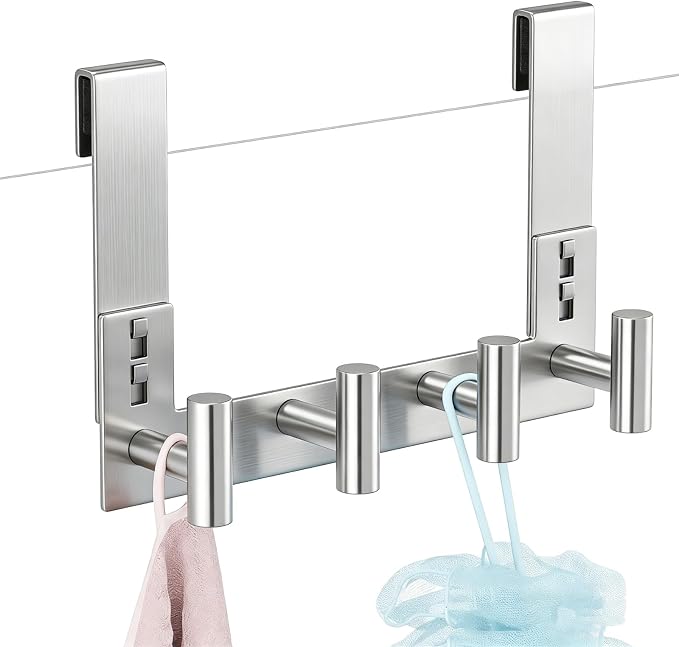 PMMASTO Long Shower Hanger for 3/8 Inch Glass, Silver- 4 Hooks, T Shape | Stainless Steel Hooks Organize Towels And Robes on Frameless Glass Shower Doors in Bathrooms