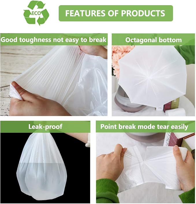 Biodegradable Trash Bags 3 Gallon, Compostable Trash Bags 100 Count Unscented Leak Proof Bathroom Small Garbage Bags Strong Wastebasket Liners Bags for Home Kitchen Office Yard Car Pet White