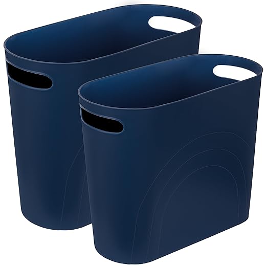 rejomiik Small Bathroom Trash Can, 3.5 Gallon Slim Garbage Can, 2 Pack Navy | Plastic Waste Basket with Handles for Bathroom, Bedroom, Dorm, Kitchen, Office and Narrow Spaces