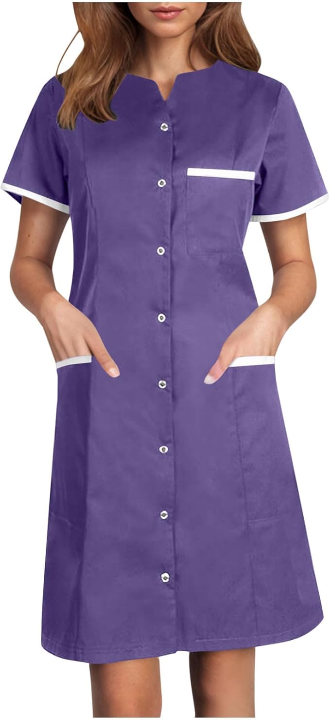 Scrubs Dress for Women - Button Front Nursing Workwear - Casual Housekeeping Dresses with Pockets