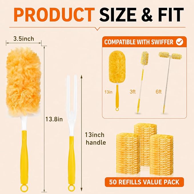 Duster Refill Kit Compatible with Swiffer Duster, 50 Count | Disposable, 360° Heavy Duty Microfiber Refills, Short Handle, Multi-Surface, For Cleaning Furniture Blinds Ceiling Fan