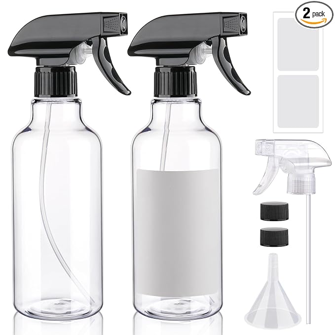 Plastic Spray Bottles 16.9oz 2 Pack Adjustable Mist/Stream Spraying | Refillable heavy duty spray containers for plants, cooking, hair care and household cleaning