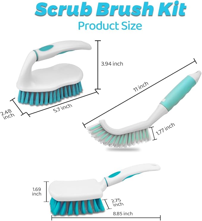 3 Pack Scrub Brush Set, Heavy-Duty Scrub Brushes for Cleaning Bathroom | Stiff Bristles Grout Scrubbing Brush with Handle, Cleaning Brushes for Shower, Bathtub, Kitchen, Floor, Tub, Tile, Sink