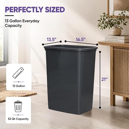 Superio Large Kitchen Trash Can 13 Gallon, 52 Qt Waste Bin for Kitchen, Garage, Indoor and Outdoor Trash Can, Dark Grey