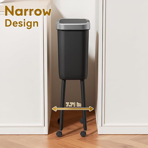 Procade Kitchen Garbage Can with Legs and Wheels,Narrow Rolling Trash Can | 4 Gallon Tall Skinny Wastebasket with Pop-Up Lid,Dog Proof Trash Bin,Black Plastic Garbage Bin for Near Desk,Bathroom,Bedroom