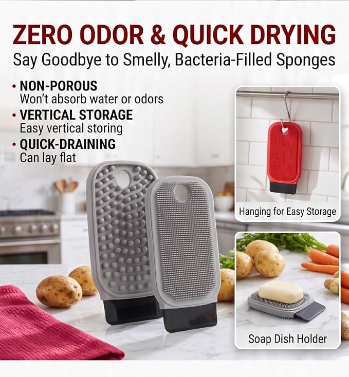 3-in-1 Silicone Dish Sponge-Food-Grade BPA-Free Cleaning Brush with Dual-Sided Comb&Scraper,Hanging Hole for Easy Storage,Fast-Dry Reusable Kitchen Gadget for Dishes/Fruits/Vegetables (Grey 1PCS)