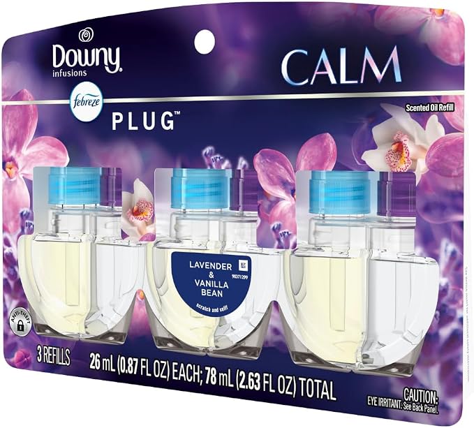 Febreze Plug In Air Freshener, Odor-Fighting Scented Oil Refill, Downy Calm Scent, 3 Refills