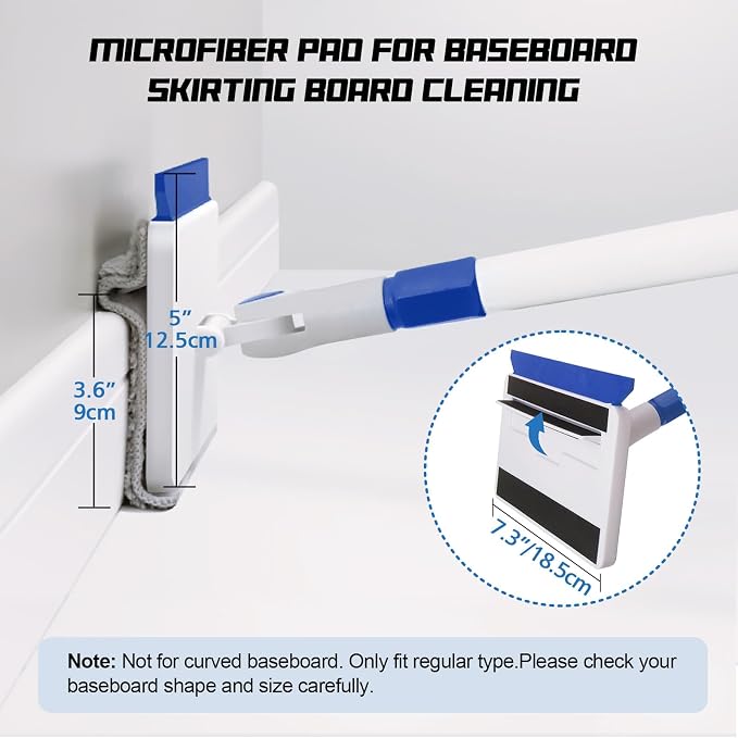 Qaestfy Baseboard Cleaner Tool with Handle, Wall Floor Mop with Extendable Long Handle Duster for Cleaning Window, Floor, Skirting Board, Ceiling, Shower, Tub Tile, Kitchen with 6 Reusable Pads