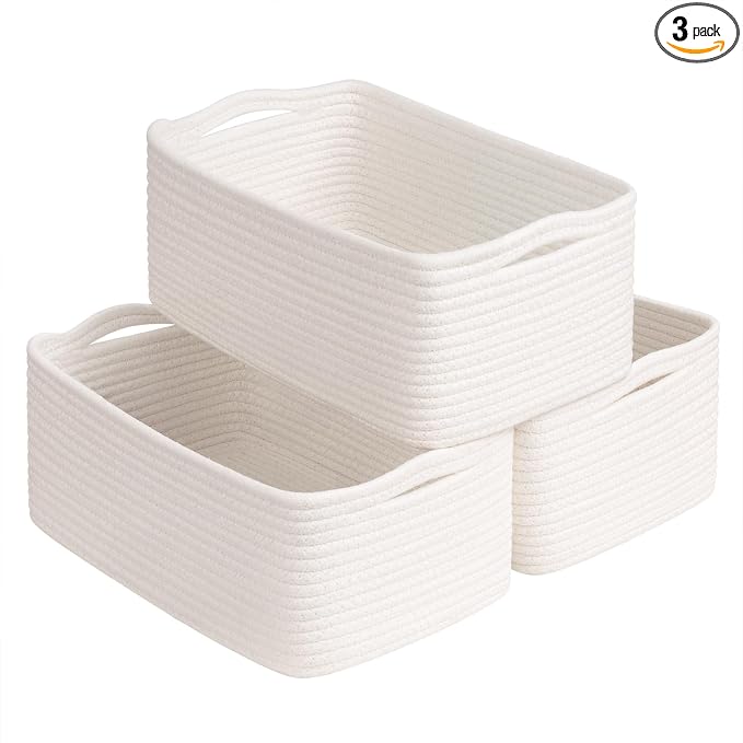 Goodpick 3-Pack Woven Storage Baskets for Organizing, 13 x 8 x 5 in | 13 x 8 x 5 in Empty Baskets for Shelves, Dog Toy Basket, Closet Baskets for Organizing, Empty Baskets for Gifts, White