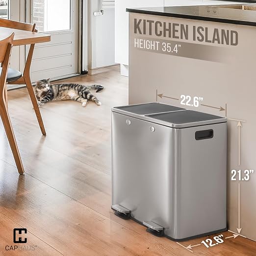 CAPHAUS Dual Trash Can with Double Lid, Trash and Recycle Bins Combo, Hands-free Stainless-Steel Garbage Can for Kitchen, with 2 Compartment, Hinged Lid, Odor Filters, Handles, 25L+25L, 2 x 6.6 Gallon