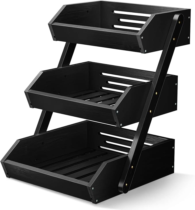 G.a HOMEFAVOR 3-Tier Fruit Basket for Kitchen Counter, Black, Self-assembly | Large Bamboo Fruit Holder for Kitchen Countertop, Snack Vegetable Storage Stand and Home Organizer