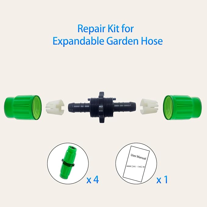 4 Sets Expandable Garden Hose Repair Kit with User Manual | Compatible with Pocket Hose, Dual-Channel Hose Female Male Connectors, Fits Expandable Garden Hose 25 50 75 100 FT, Green