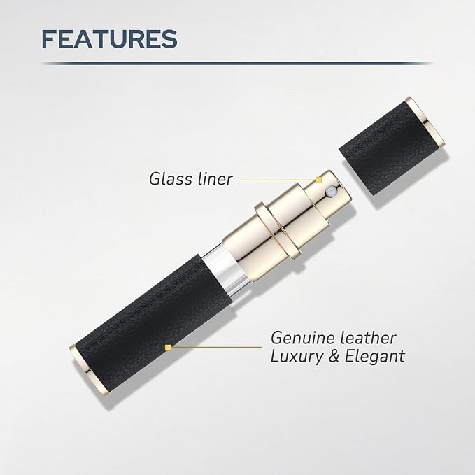 Fusupak Travel Perfume Bottle Refillable, 10ml Leather Cologne Atomizer | Small size spray, for men & women, portable fragrance refill sprayer, leak-proof empty decants, TSA, fine mist, 2pcs