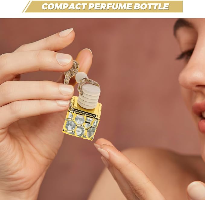 3pcs Ml Refillable Hanging Perfume Bottle with Compact Square Design, Made of Wood, Glass, and Aluminum Alloy, for DIY Perfume Creation and Travel, Elegant Golden Car Air Freshener