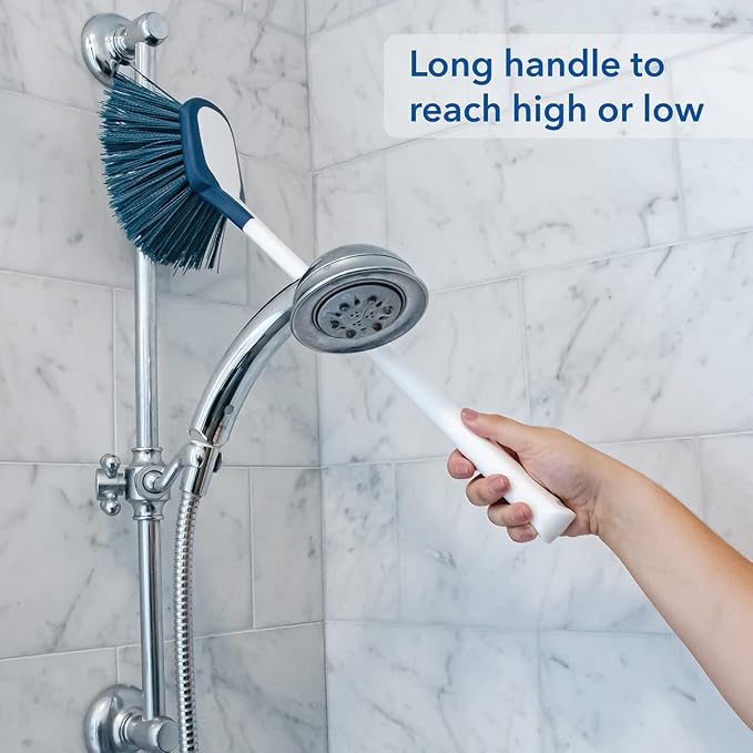 Unger EZ Reach Shower Tub and Tile Scrub Brush, Crevice Bathroom Cleaning Supplies, Non-Scratch Scrubber Tool for Showers, Fixtures, Bathtubs, Drains, Grout, and Marble