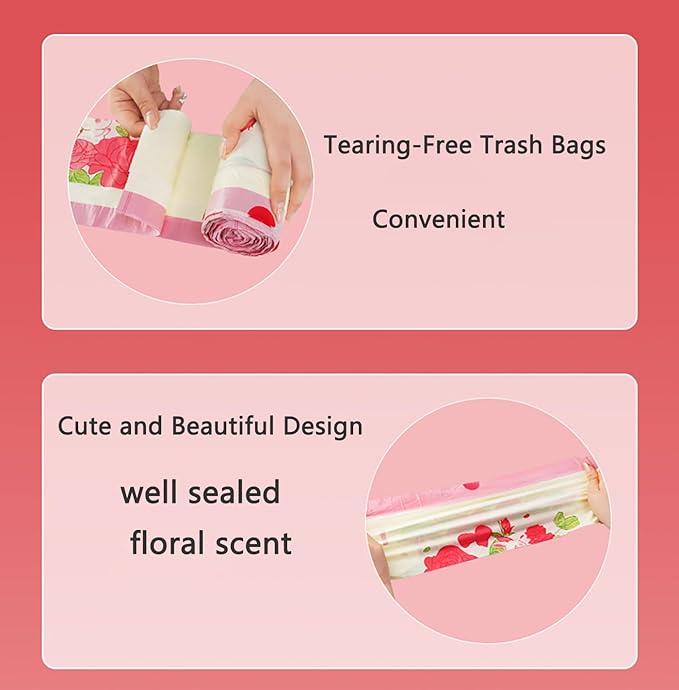 60pcs 4 Gallon Trash Bags Drawstring Tear-Free Separated for Bathroom Office Home Bedroom Trash Can with Red Rose Printed Garbage Basket Bags (Rose Printed, 60 Counts)