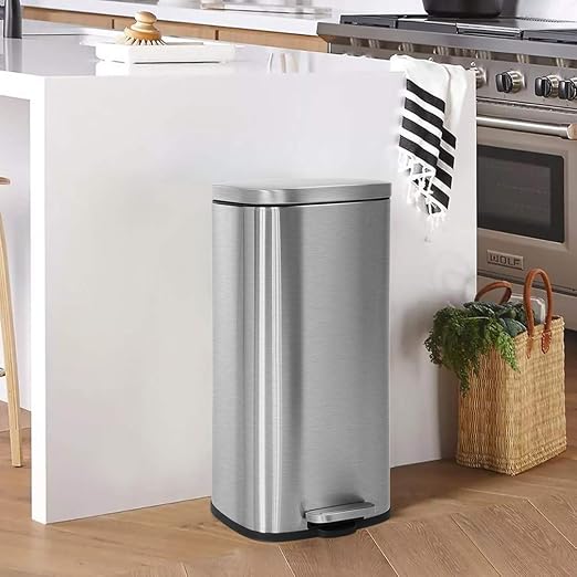 8 Gallon (30L) Stainless Steel Trash Can with Lid, Removable Inner Bucket, Foot Pedal, Soft Close, for Office&Home&Kitchen