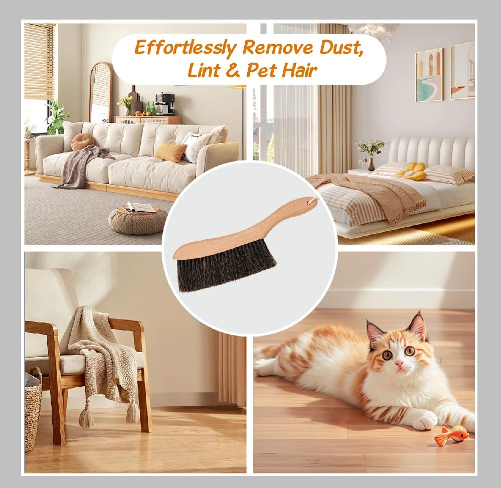 Natural Horsehair Bed Brush, Soft Bristle Dust Brush with Wood Handle, Hand Broom for Cleaning Bed, Furniture, Couch, Shelves, Car Interior, Clothes - Gentle on Delicate Surfaces