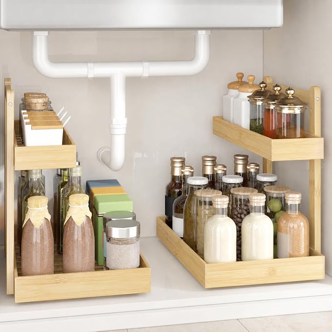 Bamboo Under Sink Organizer 2 Pack, 2-Tier Pull Out Cabinet Organizer | Kitchen Sink Organizer | Bathroom Cabinet Organizer | Cleaning Supply Storage | L-Shape | 3-Level Adjustable | Natural Bamboo