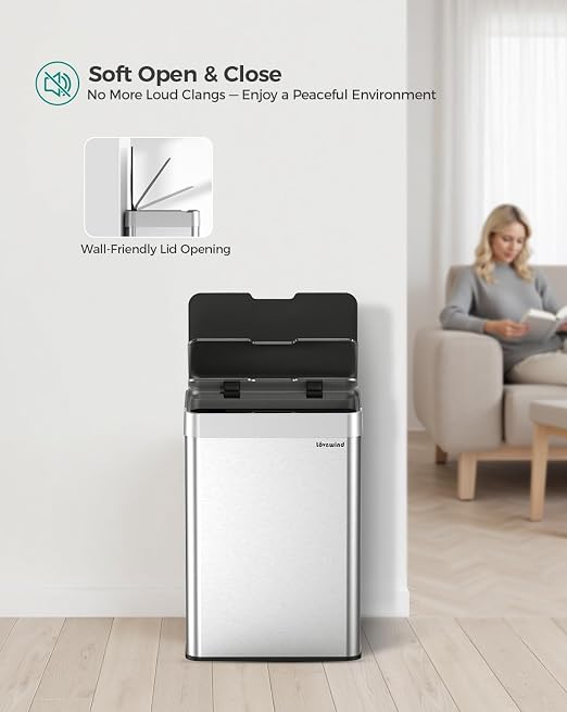 13 Gallon Automatic Kitchen Trash Can,Touchless Sensor Garbage Can,Silver | Built‑in 1500mAh Rechargeable Battery,Stainless Steel Motion Sensor Trash Can, Silent Close Lid Smart Trash Bin for Home