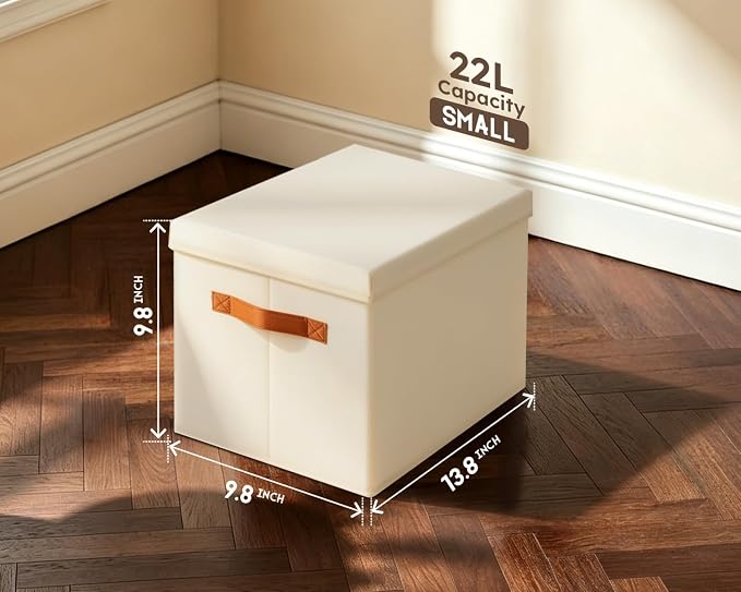 Storage Bins with Lids - Fabric Storage Baskets for Shelves, 4 Pack Foldable Decorative Boxes with Handles, Stackable Organizer Bins for Home, Nursery, Dorm, Beige