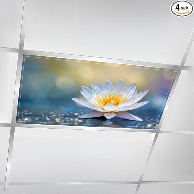 4 Pack Fluorescent Light Covers for Ceiling Lights Lotus Water Worm Glitter Sparkle Light Decorative Magnetic Light Cover Light Filters for Classroom Office Home