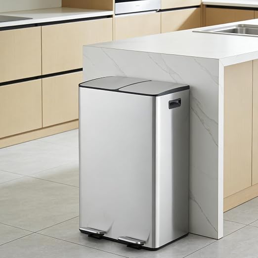 Dual Compartment Trash Can 60L (2x30L), Stainless Steel Recycling Bin with Removable Buckets, Soft Close Odor-Sealing Lid, Collapsible Pedal, Fingerprint Resistant for Home Kitchen or Office