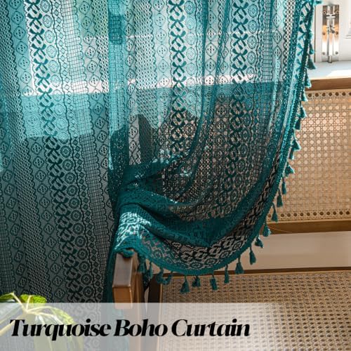Sutuo Home Boho Curtains 120 inches for Bedroom Dining Room Patio Doorway, Crochet Lace Sheer Bohemian Extra Long with Tassels,Window Treatment Drape, Single 1 Panel 59" W x 120" L, Turquoise