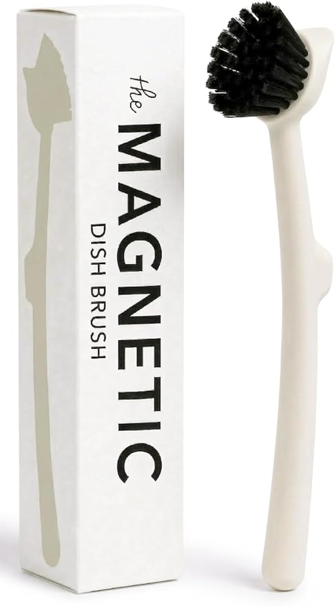 Earth & Mango Magnetic Dish Brush & Scraper, Snaps to Sink, Warm Sand Beige