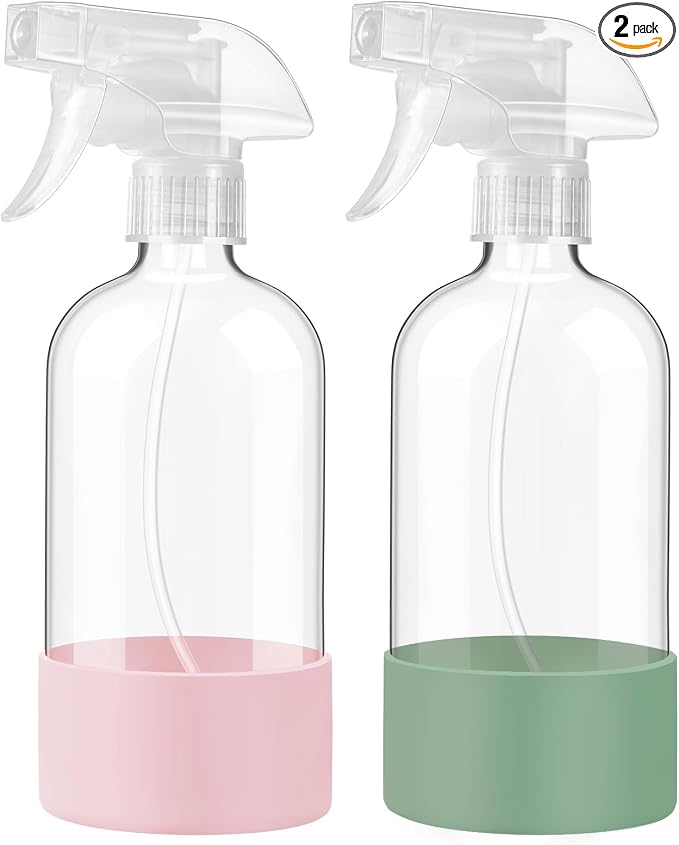 Glass Spray Bottles with Silicone Sleeve, 2Pack 16oz, Olive Green&Pink | Leak-Proof Empty Refillable Containers with Adjustable Spray Nozzles, Spray Bottles for Hair, Cleaning and Plants