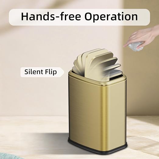 8L/2.1 Gallon Small Bathroom Trash Can with Lid, Swing-Top Rectangular Waste Bin, Stainless Steel Garbage Can for Home, Office, Toilet, Bedroom, Living-Room (Gold)