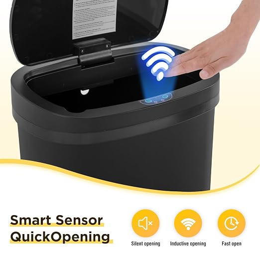 BestOffice | 13 Gallon Plastic Trash Can with Lid | Dark Black | Automatic Touchless Garbage Can | Odor Control | Modern Oval Design | Easy to Clean | For Kitchen, Bathroom, Office or Home