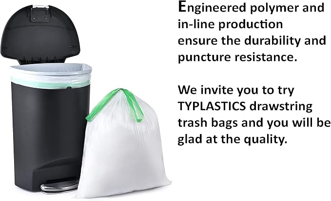 TYPLASTICS Tall Kitchen Drawstring Trash Bags, 13 Gallon, 110 Count | 24in x 27in, Unscented