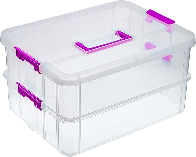 BTSKY 2 Layer Stack & Carry Box, Plastic Storage Container Box with Lid | Multipurpose Craft Organizers and Storage for Organizing Stationery, Sewing, Art Craft, Jewelry & Beauty Supplies, Purple