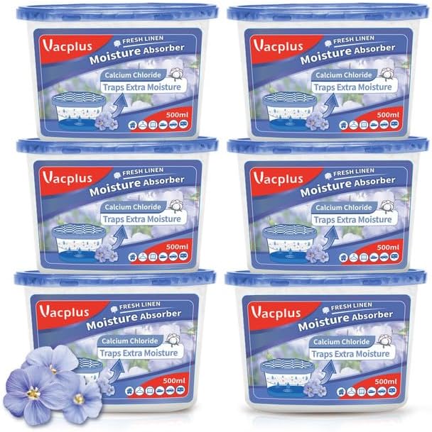 Vacplus Moisture Absorber, 10.5 OZ, Strong Absorption, Linen Scent | Closet, Bathroom, Car, Odor Eliminator, Dehumidifier Bucket, 6 Pack