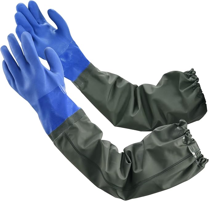 MUMUKE 3-Pair Long Waterproof Gloves, 28 inch | Chemical Resistant, Reusable, Padded Cotton Lined, Acid & Oil Resistant