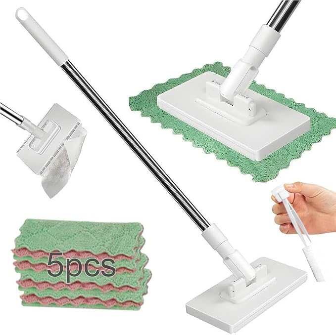 Clamp Grip Mini Mop, Zero Touch Cloth Changing Mop with Automatic Push Pull Handle,360 Rotating Lazy Mops Wet Dry for Whole House Cleaning,Retractable Gap Dust Cleaner Flat Mops (White-5 Cloths)