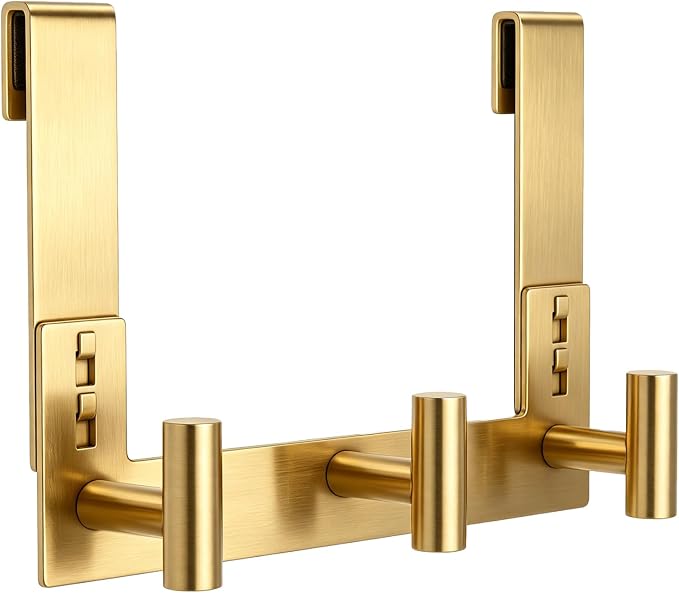 PMMASTO No-Drill Extra Long Shower Hooks, Fits 3/8" Thick Door, Heavy Duty Stainless Steel Towel Hooks for Frameless Glass Shower Door, Holds Bathrobe Towel (Gold, 3 T-Hooks)