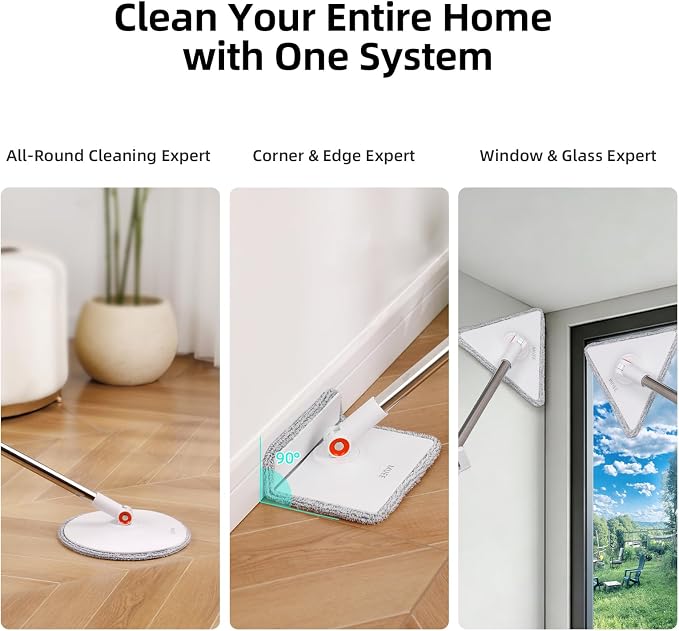 3-in-1 Spin Mop and Bucket Set, Clean Water Separation, 71 in Handle | 3 specialized mop heads, 6 microfiber refills, 71 in reach for floors, walls, baseboards and corners
