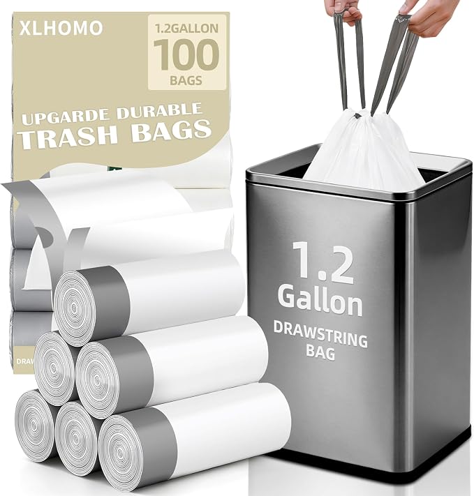 1.2 Gallon Trash Bags, 100 Count White Trash Bags Drawstring Small Garbage Bags Thick Pre-separated Unscented Trash Can Liners for Bathroom Office Kitchen Bedroom Home