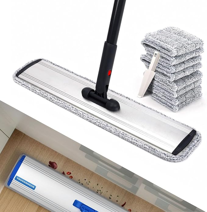 24" Flat Mop for Cleaning Floors,Easy Wringing&Deep Cleaning with 4 Pads | Heavy-Duty Microfiber Mop,Includes 4 Reusable Mop Cloths and Adjustable Long Handle,Wet/Dry Use,Suitable for Hard Floors