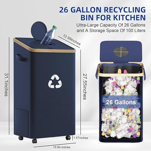 26-Gallon Kitchen Recycling Bin with Lid, Locking Wheels, Dark Blue | 100L capacity, two reusable inner bags, sorting stickers for bottles, cans, glass and plastic