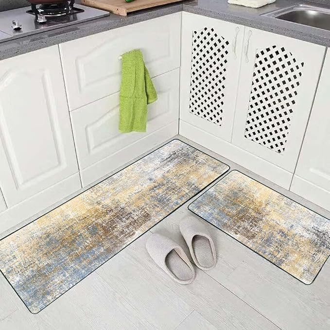 TOMWISH Grey Vintage Kitchen Rug Non Slip Kitchen Mats for Floor 2Pcs | Washable Absorbent Runner Rugs for Kitchen Front of Sink Dining Room Home Office Laundry 18"X48"+18"X30"