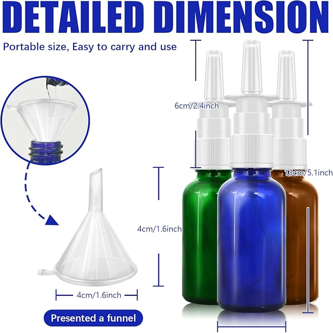 Cupohus Nasal Spray Bottle, 3 Pcs 30ML/1oz Amber,Cobalt Blue,Green Glass Refillable Fine Mist Sprayers Atomizers, Travel Sized, Empty Nasal Sprayer with Funnels and Labels