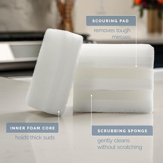 S&T INC. Dish Sponge, 4.3" x 2.8" x 1", 8 Pack, White | 3 Layer Design, Refill Sponge Pack, Gentle Clean for Pots and Pans, Scouring Pad for Tough Messes in Kitchen and Home