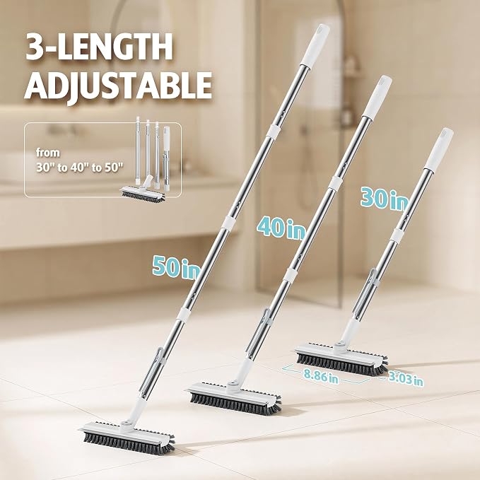 AIR U+ Floor Scrub Brush with Long Handle, 4 in 1 Floor Scrubber & Squeegee | Small Scrubber with Stiff Dual-Sided Bristles and Rotating Head for Shower, Bathroom, Bathtub, Kitchen and Patio, White