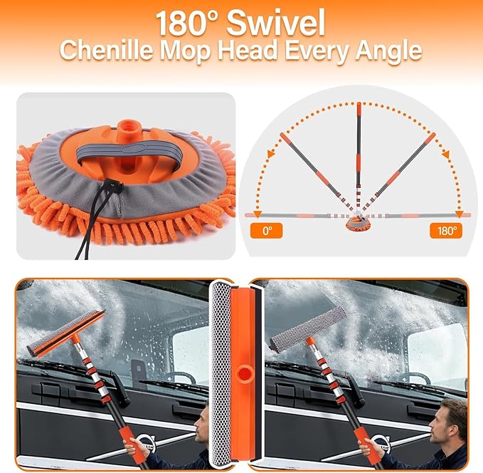 18 FT Reach Car Wash Brush with Long Handle, Car Cleaning Kit | with 3-12FT Extension Pole, Soft Bristle Brush, Chenille Cleaning Mop & Mitt, Window Squeegee, Wheel Brush for RV, Truck